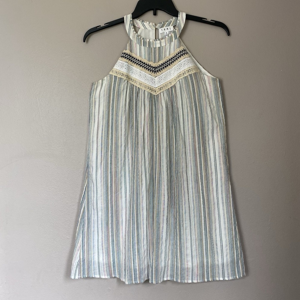 THML Women's Sz S Multicolor Striped Halter Shift Dress Crochet Detail Bohemian
